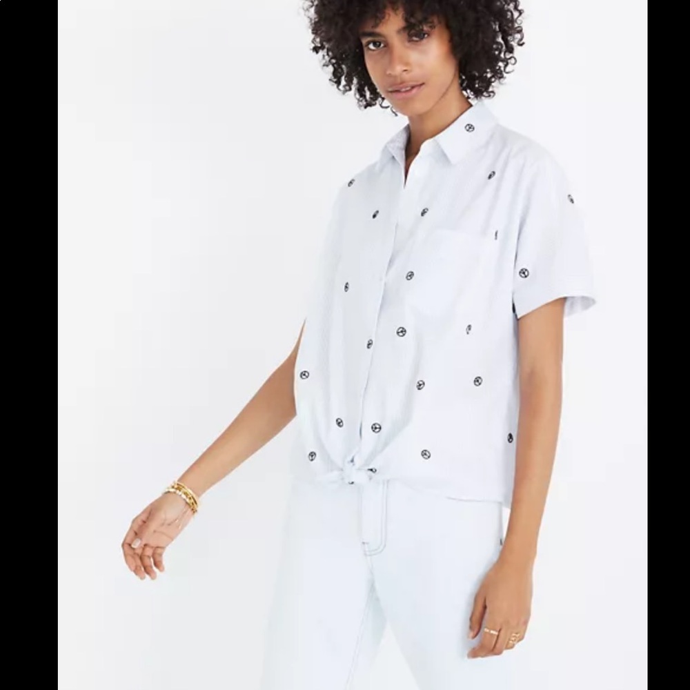 Madewell Embroidered Peace Sign Tie Front Shirt